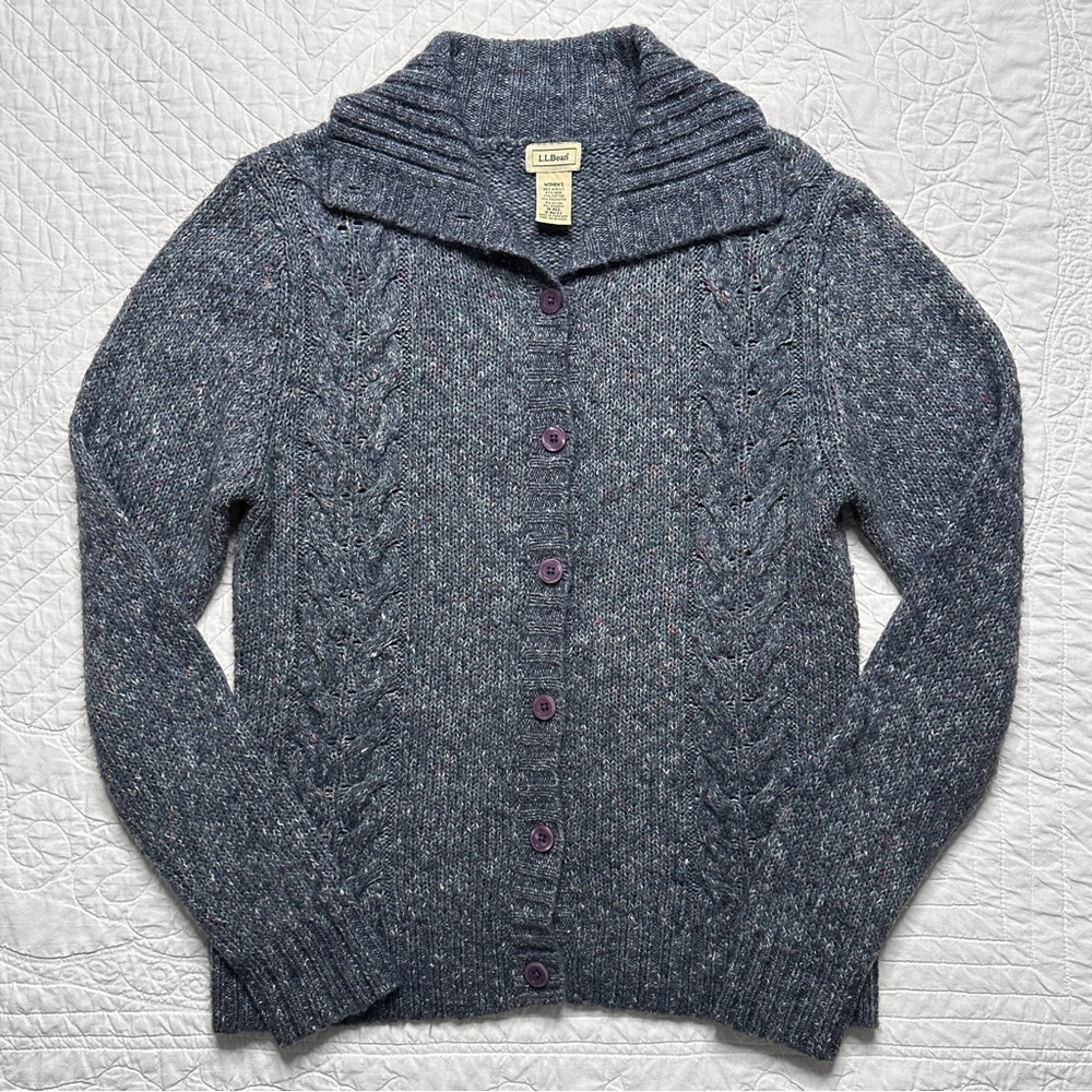 L.L. Bean Marled Blue Wool Blend Cable Knit Cardigan Sweater Fisherman